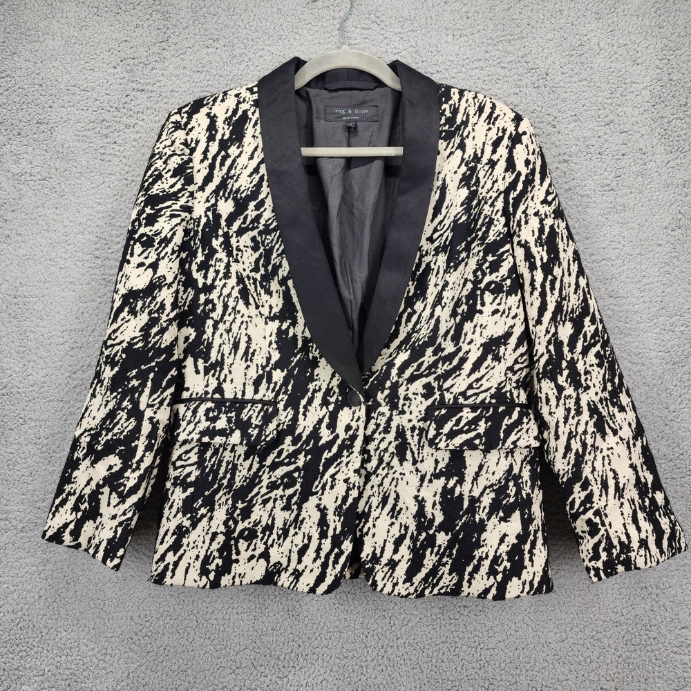 Rag & Bone Black White Abstract Marbled Wool Blend Shawl Collar Blazer Size‎ 8